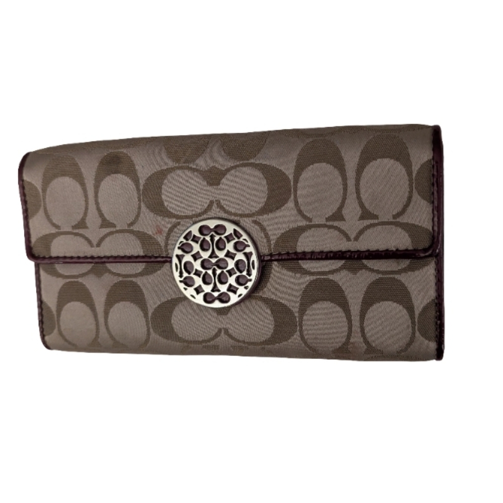 Coach Signature Wallet Canvas Trifold Beige Brown Long Clutch Shoulder Bag